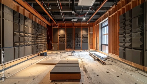 Interior view of sound studio under construction with panels.