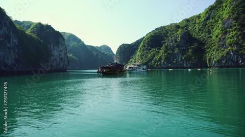 Tourist boats sailing through calm green waters surrounded by towering limestone cliffs and dense jungle vegetation in Halong Bay, Vietnam during daytime.