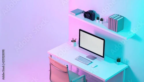 Isometric home office with pink and blue neon lighting