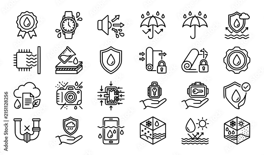 Fototapeta premium Modern Waterproof Line Icon Set with Water Resistant Shield and Packaging Symbols