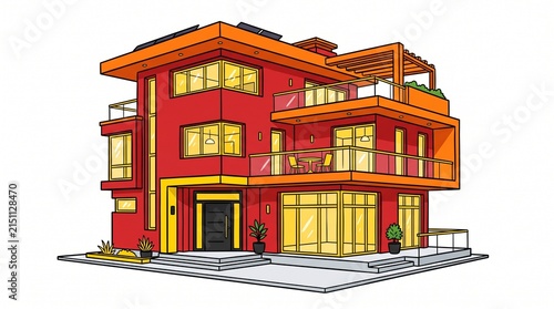 Modern luxury villa with red walls and architectural design on white background