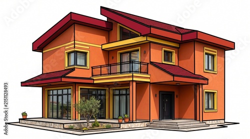 Modern orange villa illustration with red roof isolated on white background