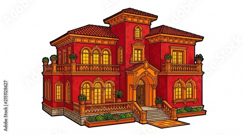 Luxury villa with red walls and Mediterranean architecture on white background