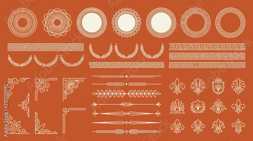 Vintage Decorative Elements Set: Borders, Corners, Wreaths, Emblems