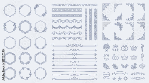 Decorative Pixel Art Elements: Hexagons, Borders, Corners, and Ornaments