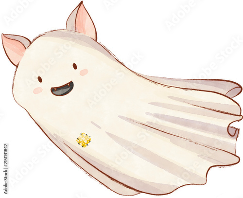 Cute ghost cat smile watercolor clipart halloween decor icon set