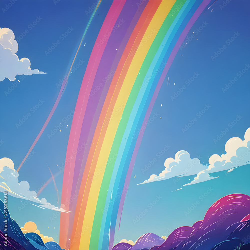 Fototapeta premium Rainbow arch curves gracefully across a vibrant blue sky filled with soft, wispy clouds and bright daylight hues.
