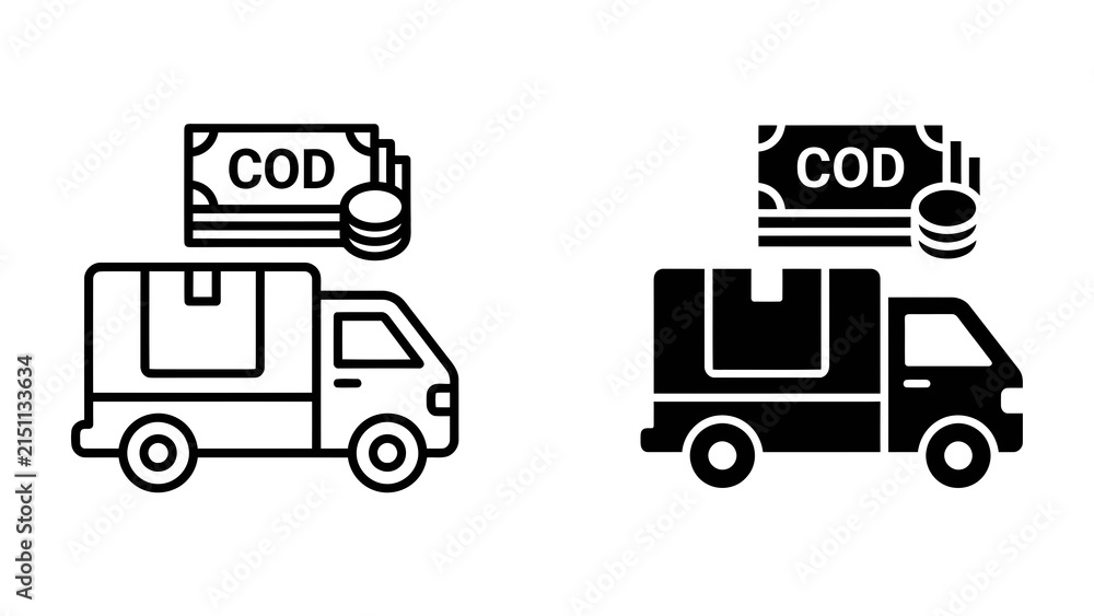 Naklejka premium Cash on Delivery Icons: A set of line and filled icons representing cash on delivery service, featuring a delivery truck, cash, and coins.