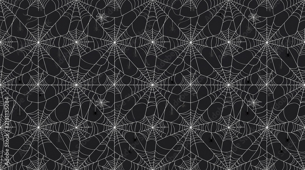 Spooky Spider Web Seamless Pattern with Cute Black Spiders