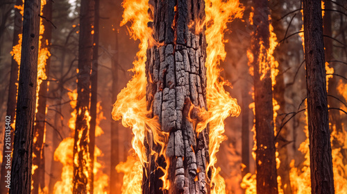 Coniferous forest trees engulfed in intense flames during massive wildfire. Burning pine trunks and glowing embers in destructive woodland blaze.