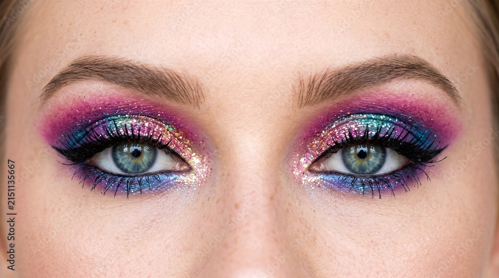 Fototapeta premium Close up of a woman's eyes with vibrant glitter eyeshadow and winged eyeliner