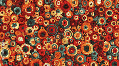 Abstract background with colorful concentric circles and hand drawn spiral patterns