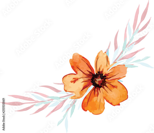 orange flower isolated and colorful leaves watercolor