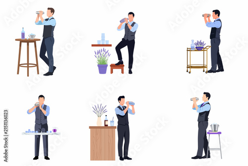 Professional Male Bartender Character Set Shaking Cocktails. Flat Vector Illustration of Mixologists at Work with Shakers and Bar Equipment Isolated on White Background for Service Industry.