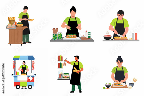Street Food Vendor Set with Chefs Preparing Hot Dogs and Fast Food at Carts and Counters, Flat Vector Illustration of Professional Cooks in Aprons Making Delicious Meals for Customers.