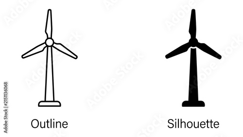 Wind Turbine Icons: Two stylized illustrations of wind turbines, one in outline and the other as a solid silhouette, representing renewable energy technology and sustainable power generation.
