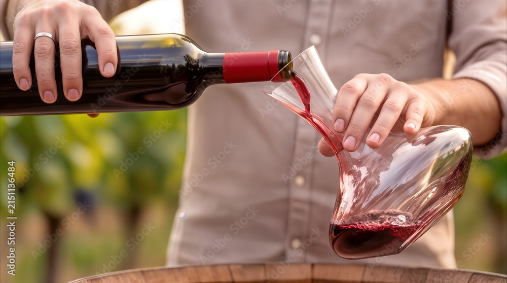 Obraz premium Sommelier pouring red wine from bottle into glass decanter in vineyard. Aerating wine for tasting at outdoor winery event.