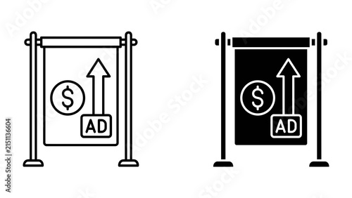 Fotografie Advertising Billboard Icons: A set of two stylized icons representing an advertising billboard with a dollar sign and an upward arrow, symbolizing growth and promotion