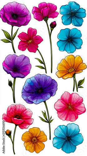 A bunch of colorful flowers on a white background