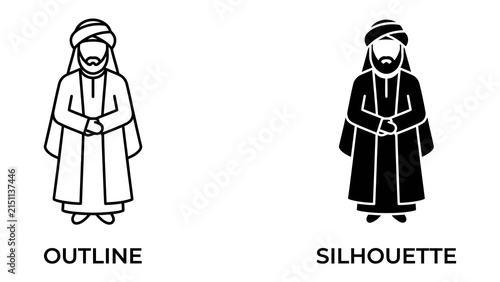 Arab Man Icon: A stylized outline and silhouette of an Arab man wearing traditional clothing, including a turban and a long robe, symbolizing culture and identity.