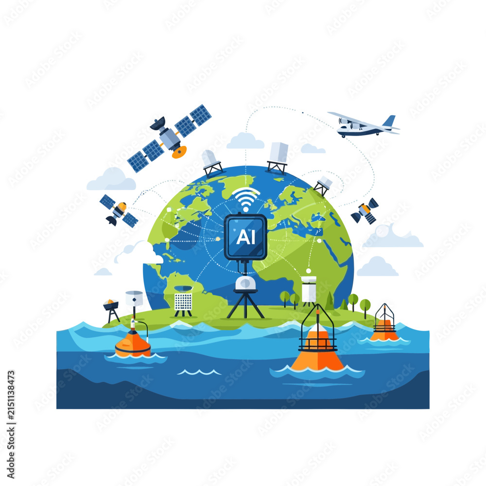Fototapeta premium Global Artificial Intelligence Network Monitoring Earth with Satellites and Sensors Vector