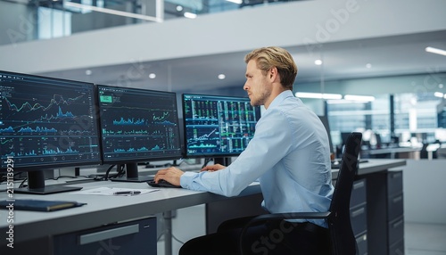 Business analyst working with multiple monitors in modern office