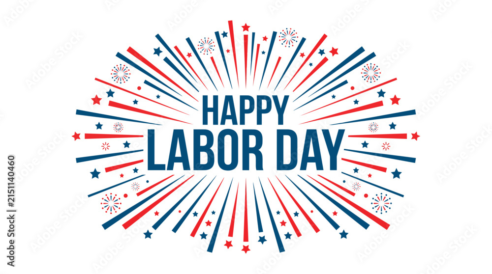 Fototapeta premium Festive red and blue fireworks graphic design for the labor day vector celebration displayed as an isolated object on isolated on transparent background
