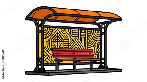 Modern bus stop shelter with red bench and decorative yellow patterned wall panel