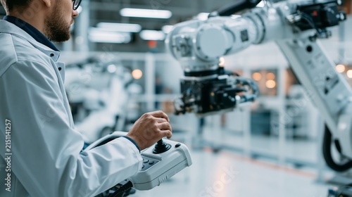 Robotics engineer using a pendant controller to program an industrial robot arm. Concept of robotics programming.