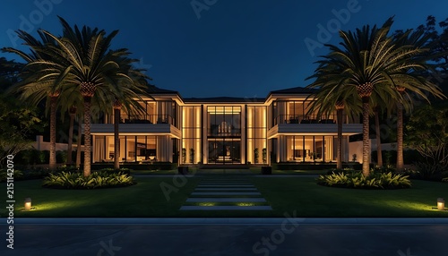 Luxury Modern Mansion at Night with Illuminated Architectural Exterior, Tropical Palm Trees and Elegant Landscaping