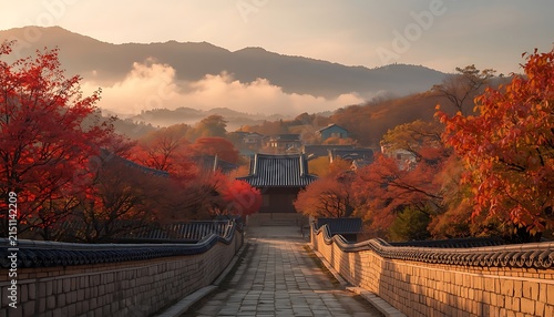 Beautiful South Korea Countryside in Autumn with Traditional Korean Architecture, Mountain Landscape, Colorful Foliage and Scenic Historic Village