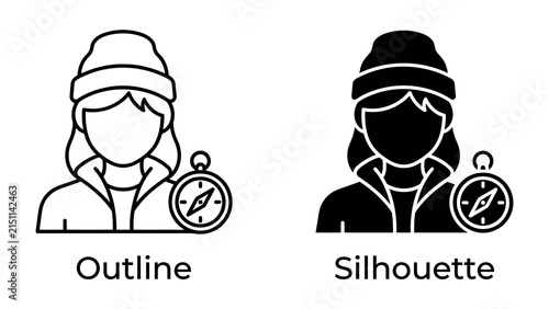 Explorer Icon: A stylized icon representing a person with a beanie hat and a jacket, accompanied by a compass, presented in both outline and silhouette forms.