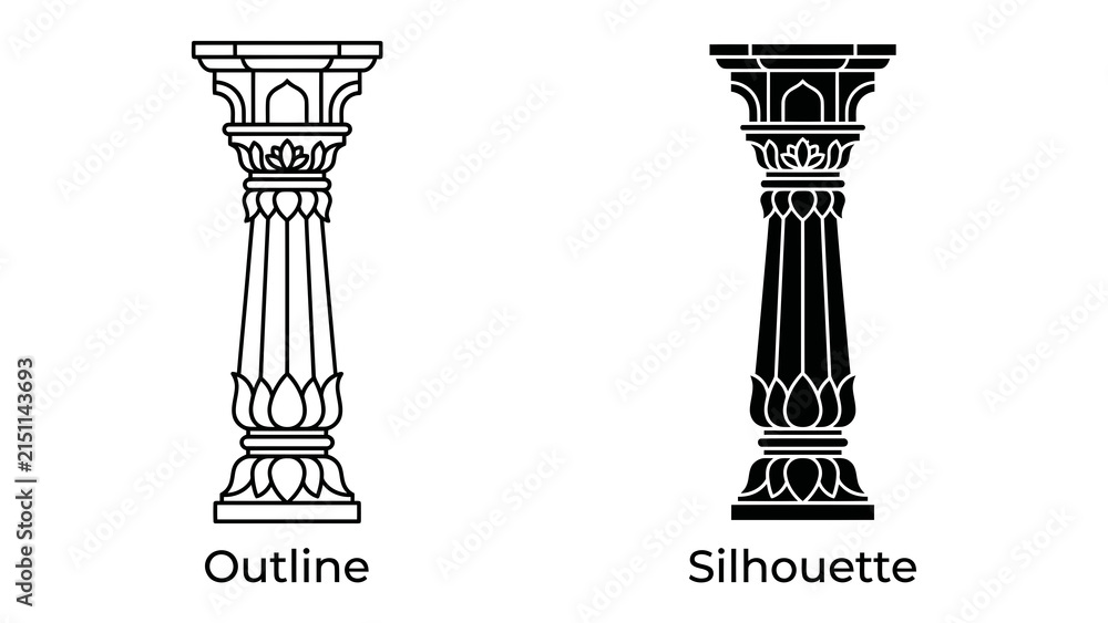 Fototapeta premium Indian Pillar Design: An intricate illustration showcasing two distinct styles of an Indian pillar: a delicate outline and a bold silhouette.