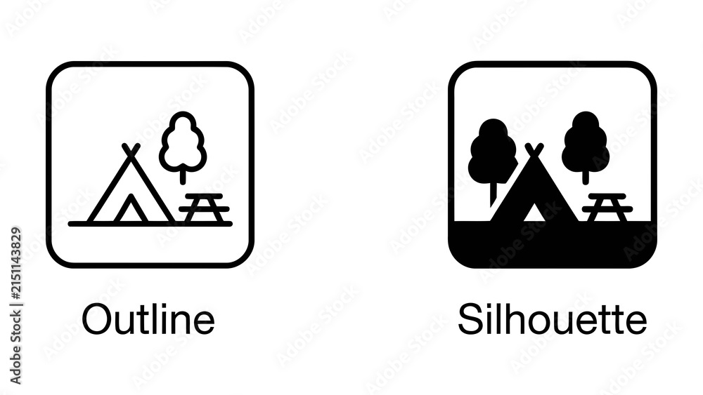 Fototapeta premium Camping Icons: Two distinct camping icons, one an outline and the other a silhouette, depict a tent, trees, and a picnic table, representing outdoor recreation and leisure activities.
