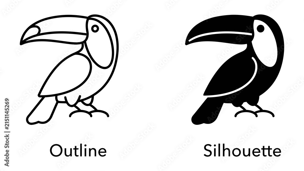 Obraz premium Toucan Outline and Silhouette: Two stylized toucans, one rendered as a clean outline and the other as a solid black silhouette, are presented side-by-side.