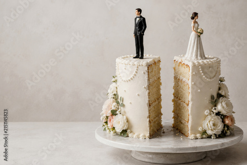 Separated wedding cake halves hold bride and groom figurines. Space for text.