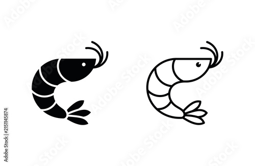 Two simple line art shrimp icons facing opposite directions on transparent background