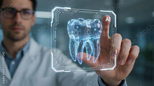 Professional using futuristic technology interface displaying holographic tooth model with artificial intelligence interaction