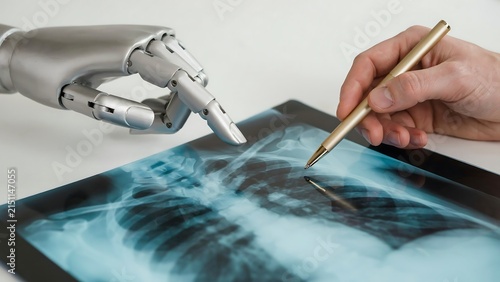 Robotic hand collaborating with human hand analyzing medical imaging on digital tablet screen