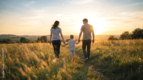 Family of three walking through a sunlit grassy field