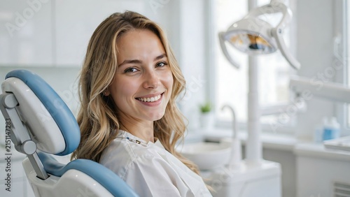 Smiling woman sitting comfortably in dental clinic chair during dental appointment with bright lighting