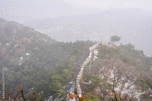 Foggy winter view of Inwangsan Seoul City Wall