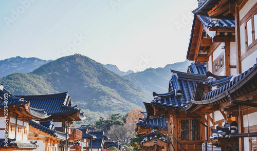 Bukchon Hanok Village in Seoul, South Korea. View of traditional wooden buildings.