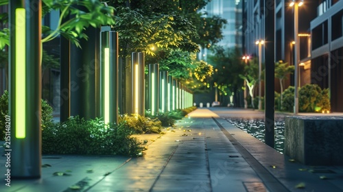Smart city street with green bioluminescent algae lighting infrastructure
