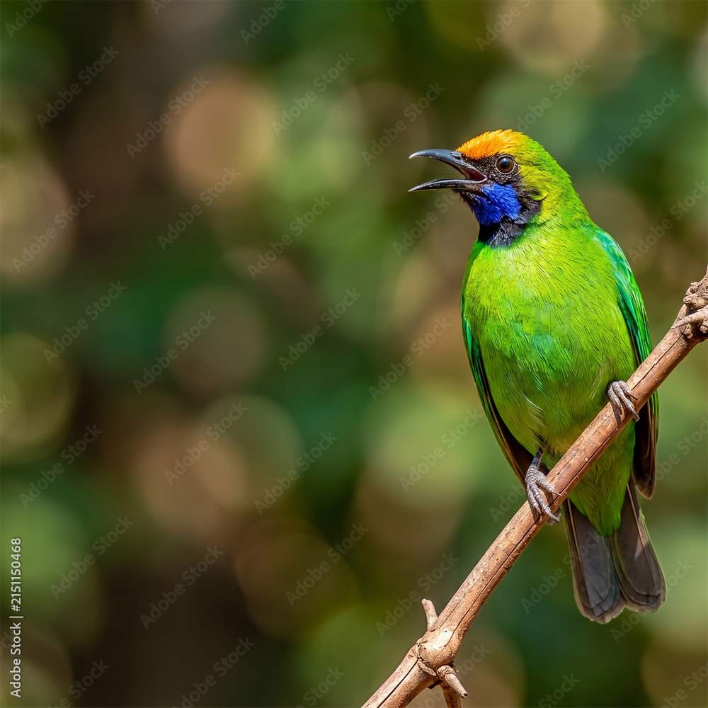 Fototapeta premium A stunning close-up portrait of a male Golden-fronted Leafbird, displaying its unique blue throat and orange crown, perched and singing on a twig in a natural forest setting.