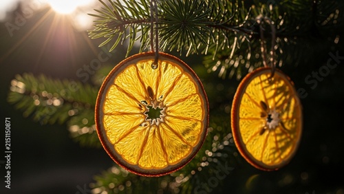 Dried orange slices on a pine branch, backlit by the sun, festive natural decoration