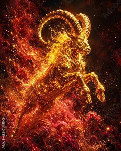 Leaping Fiery Zodiac Goat with Golden Horns: Majestic Fantasy Illustration