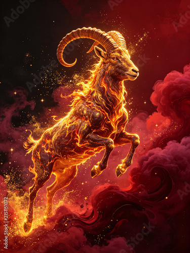 Leaping Fiery Zodiac Goat with Golden Horns: Majestic Fantasy Illustration