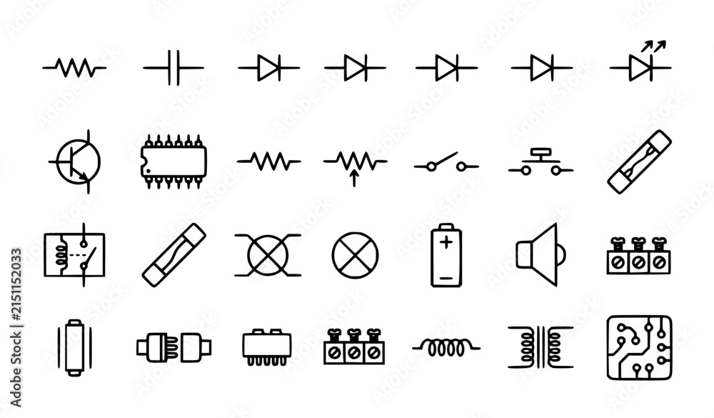 Obraz premium Electronic Circuit Component Icon Set with Resistor, Diode, Chip, and Battery Symbols for Engineering Design Projects