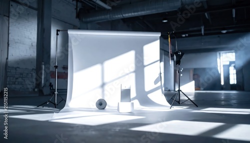Large white photography background in bright industrial studio space.